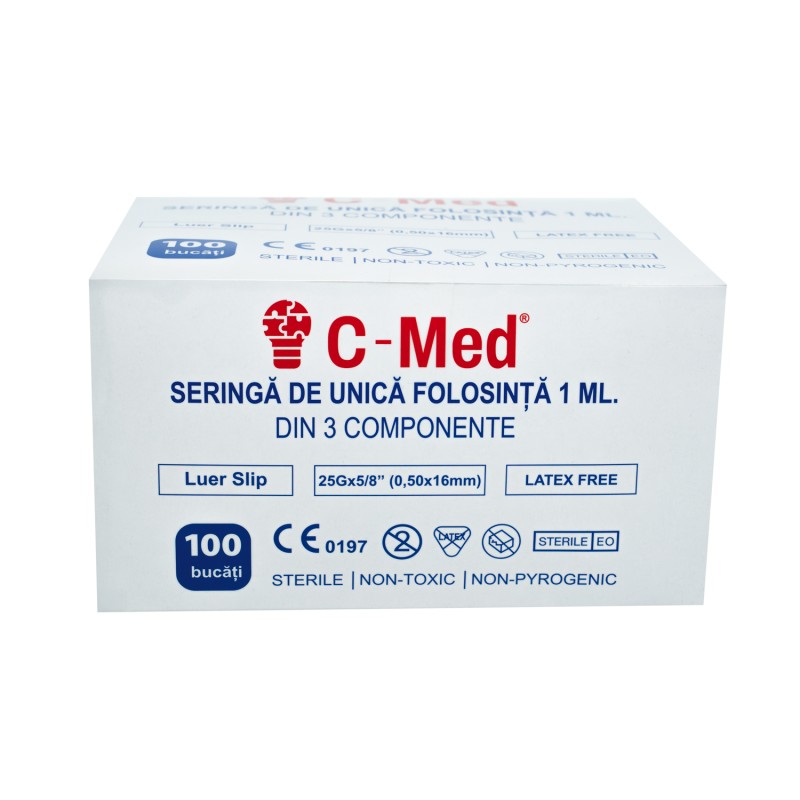 Seringa 1 ml cu Ac G25 Luer Slip, 3 Componente C-Med - Unica Folosinta, 100 buc/cutie