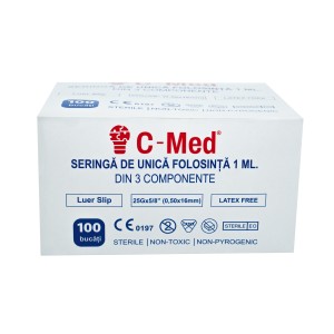 Seringa 1 ml cu Ac G25 Luer Slip, 3 Componente C-Med - Unica Folosinta, 100 buc/cutie
